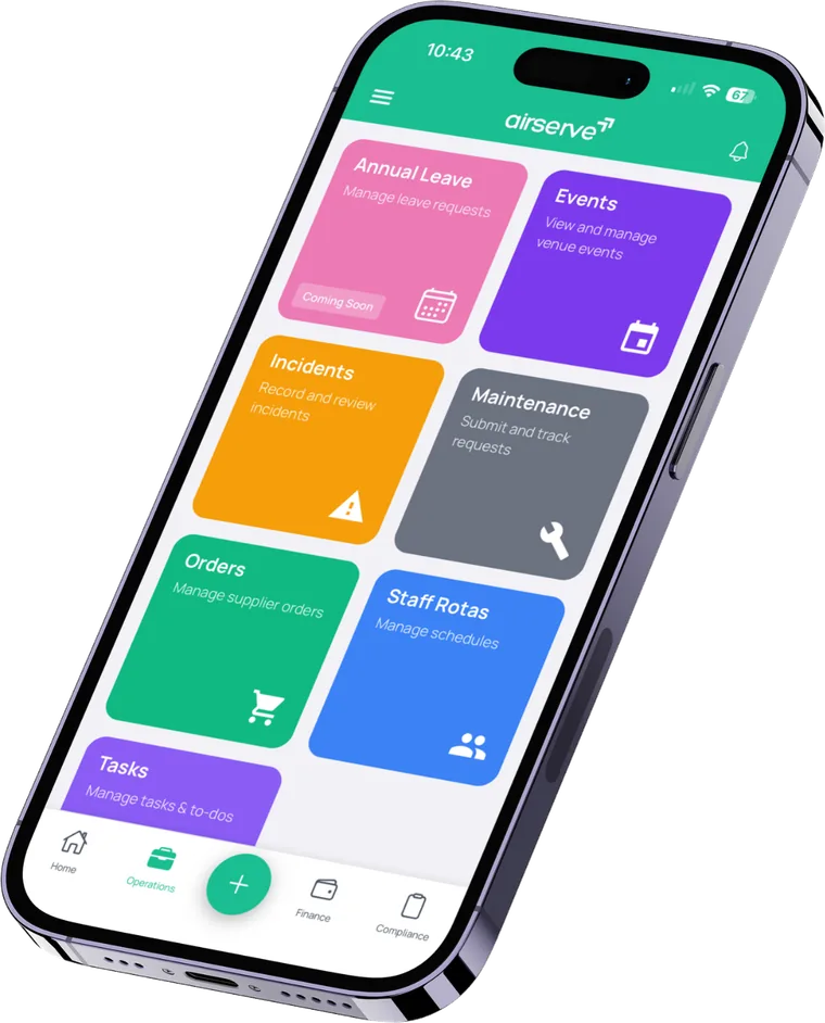 Airserve Hub app on iPhone — Operations home with live venue tiles