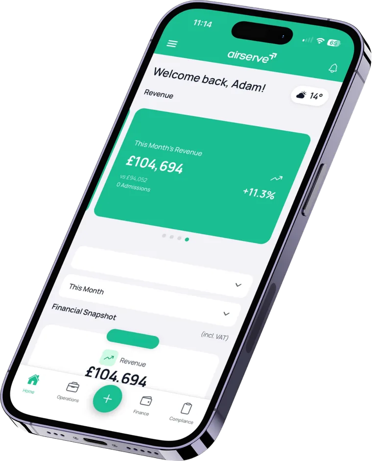 Airserve Hub app on iPhone — home dashboard with this month's revenue and financial snapshot