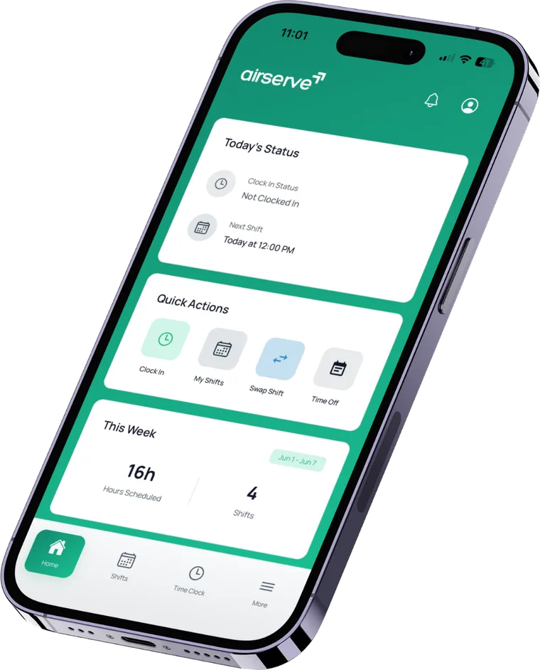 Airserve Shifts app on iPhone — today's status, quick actions and this week's hours