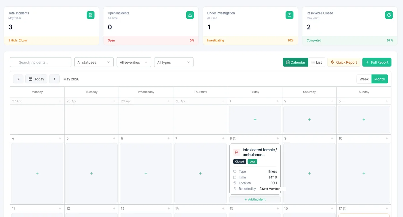 Airserve Incident Reports calendar